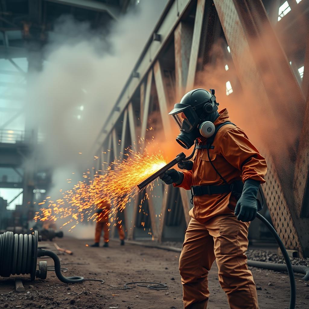 Sandblasting contractor in full PPE performing abrasive blasting on a commercial steel structure